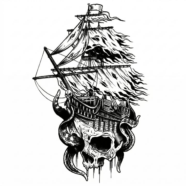 The artwork features pirate ship skull with tentacles.