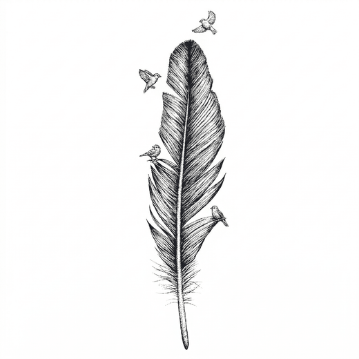 The artwork features feather turning into birds.