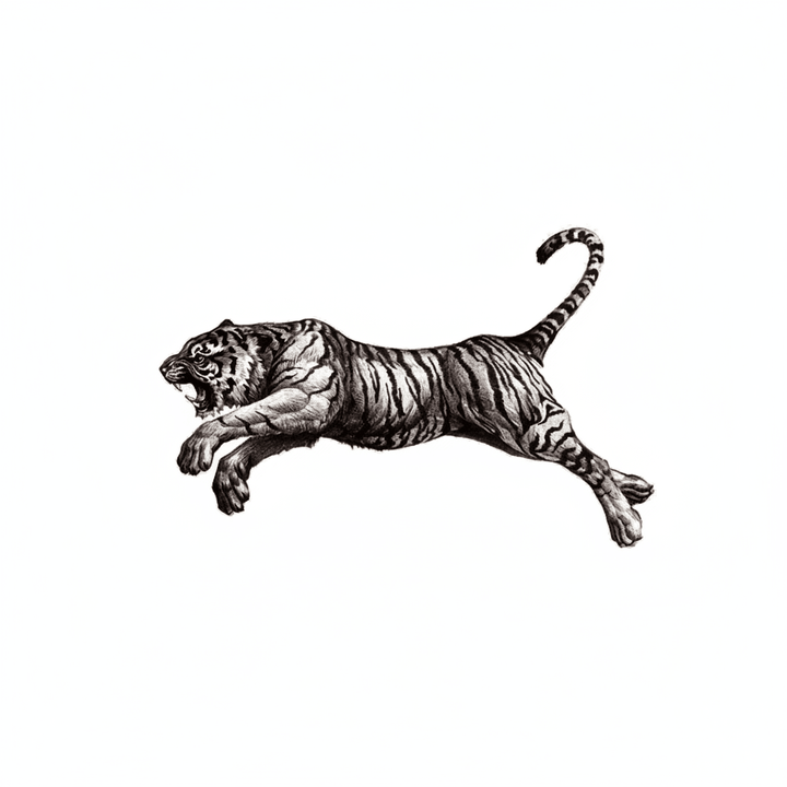 The artwork features a realistic leaping tiger.