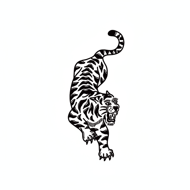 The artwork features a descending traditional tiger.