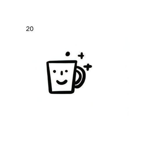 The artwork features a smiling coffee mug.