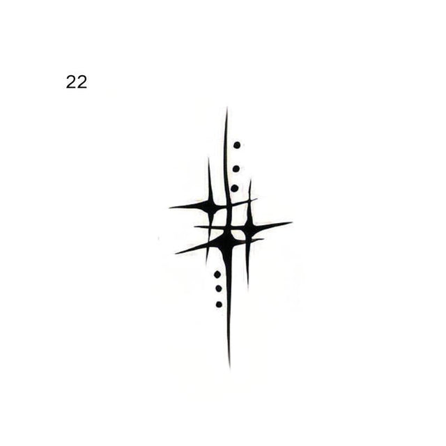 Three four-point stars of different sizes overlap, with three dots in a vertical row at the upper right and three more at the lower left.