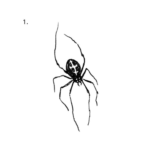 The artwork features a cross-marked spider.