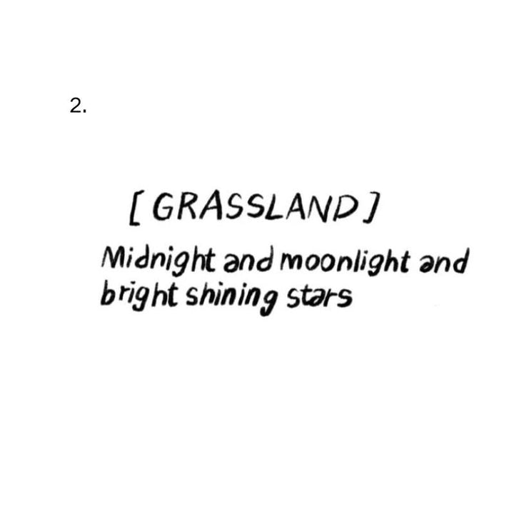 Temporary tattoo reading “[GRASSLAND] Midnight and moonlight and bright shining stars” in handwritten note
