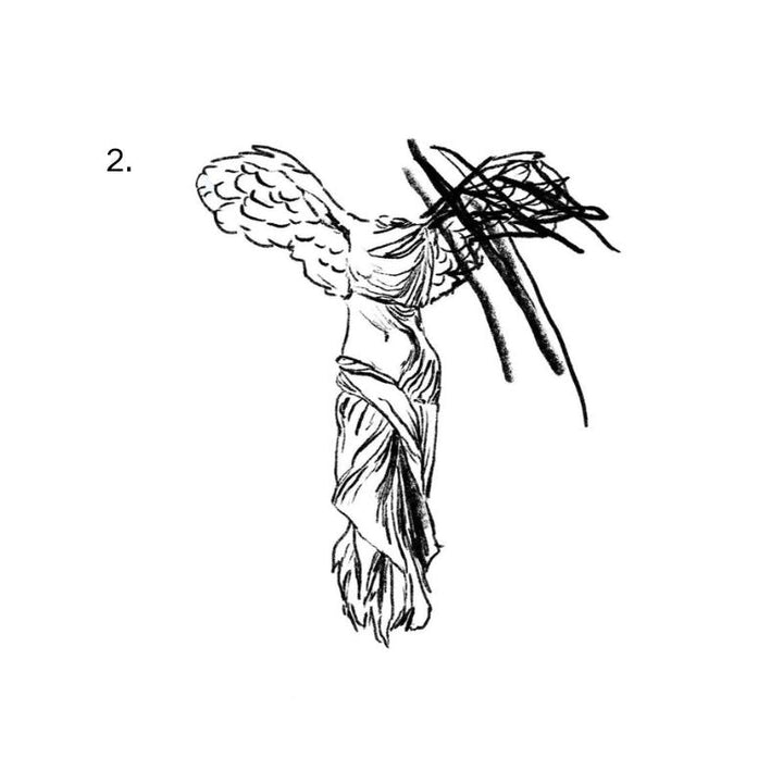 The artwork features a scribble-faced winged statue.