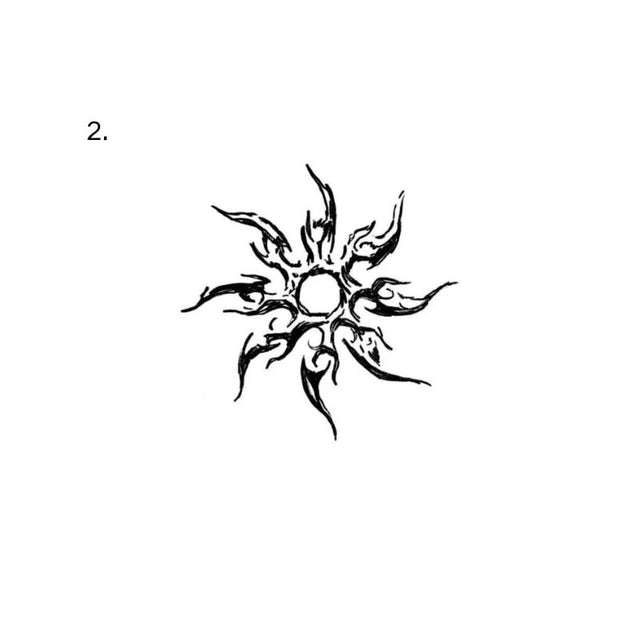 The artwork features a tribal flame sun.