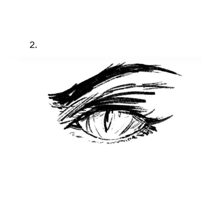A horizontal eye has a narrow vertical pupil and heavy brush-like eyebrow strokes above.