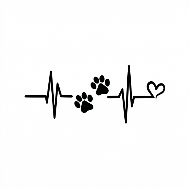 The artwork features a paw print heartbeat line.