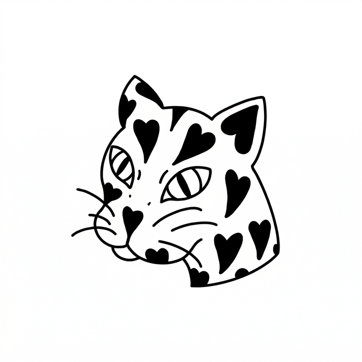 The artwork features a heart-pattern cat face.