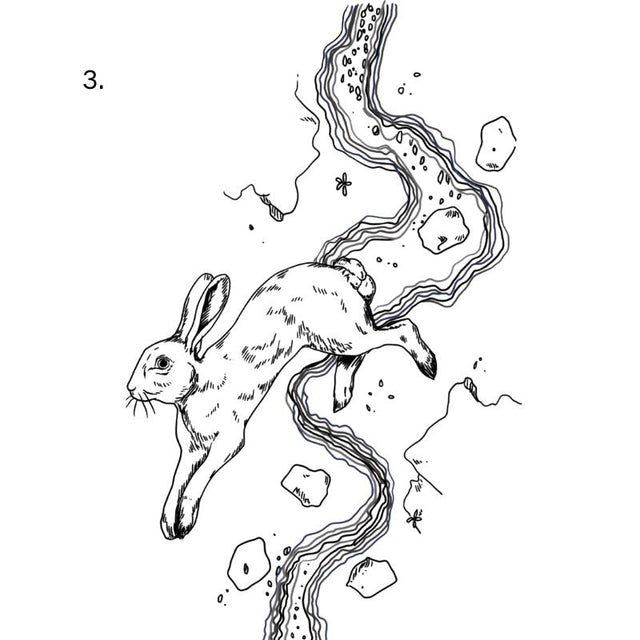 The artwork features a leaping rabbit over cosmic stream.