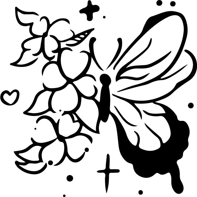 bold line illustration temporary tattoo featuring butterfly and flowers