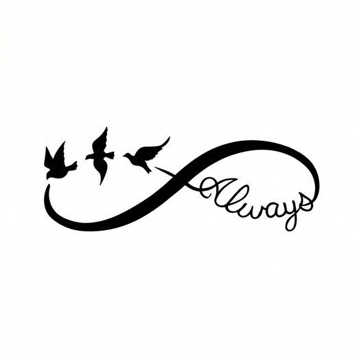 Three solid black flying birds accompany a bold infinity symbol whose right loop incorporates the cursive word Always.