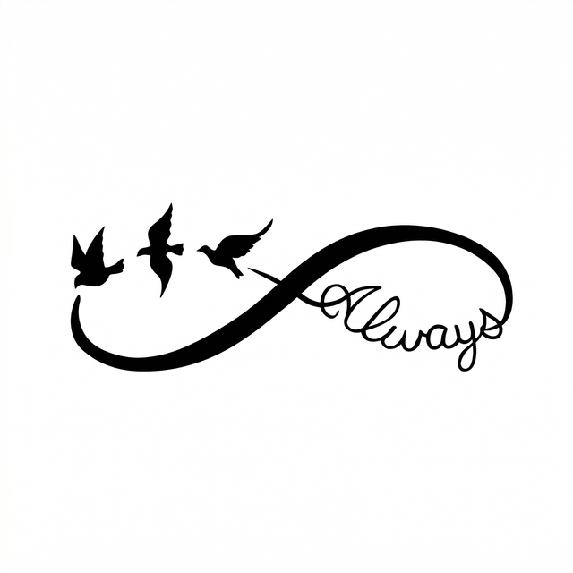 Three solid black flying birds accompany a bold infinity symbol whose right loop incorporates the cursive word Always.