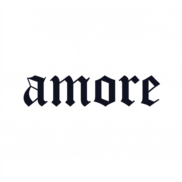 The artwork presents the visible text “amore” as a lettering composition.