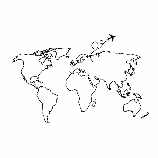 The artwork features a world map flight path.