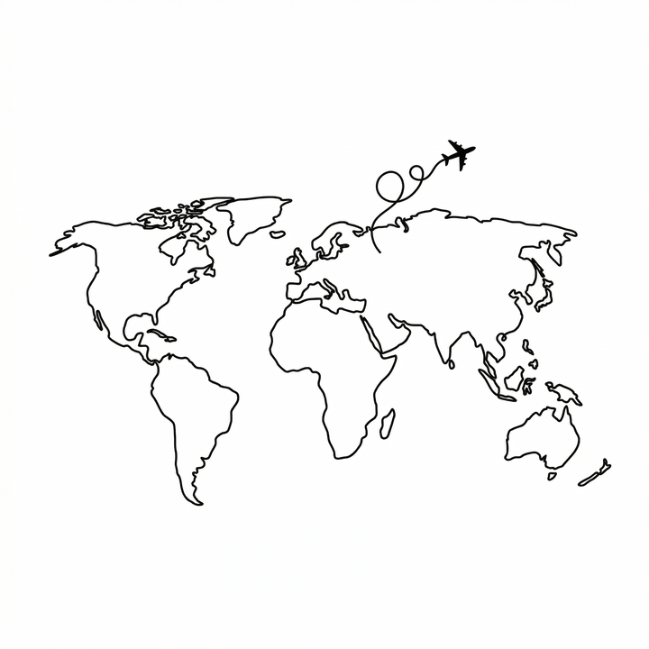 The artwork features a world map flight path.