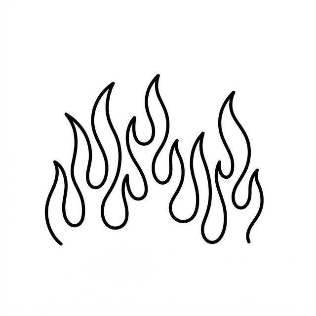 The artwork features a minimal outlined flame row.