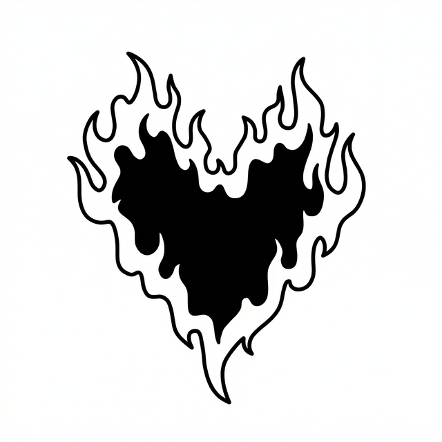 The artwork features a flaming black heart.