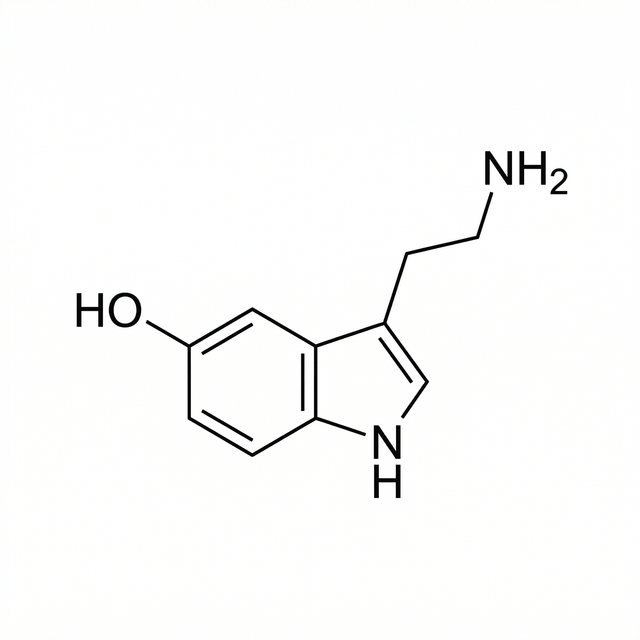 The artwork features a serotonin molecule structure.