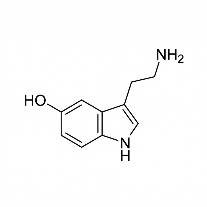 The artwork features a serotonin molecule structure.