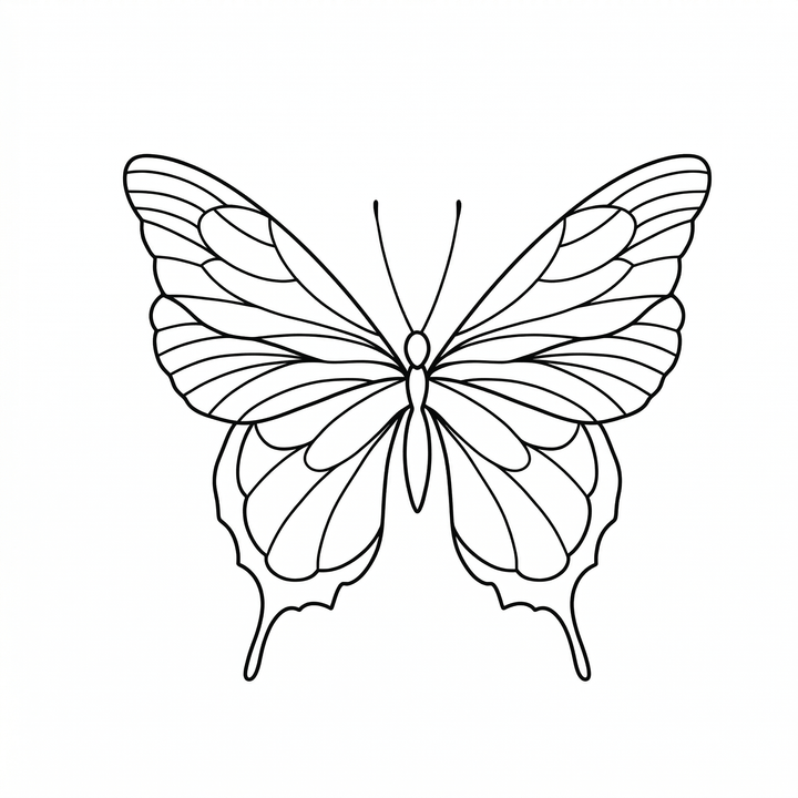 The artwork features a segmented fine-line butterfly.