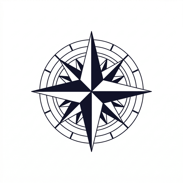 A layered compass star combines long and short directional points, alternating black-and-white sections and segmented concentric rings, without a floral element.