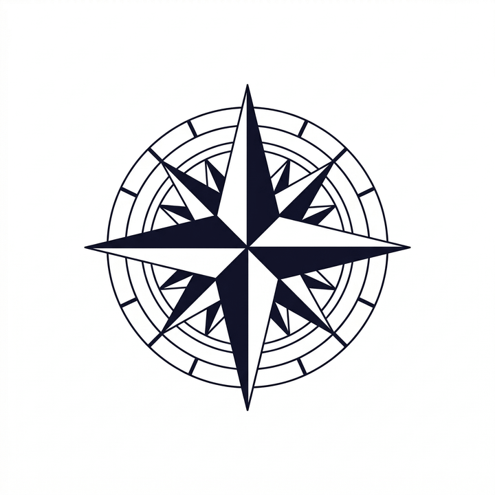 A layered compass star combines long and short directional points, alternating black-and-white sections and segmented concentric rings, without a floral element.