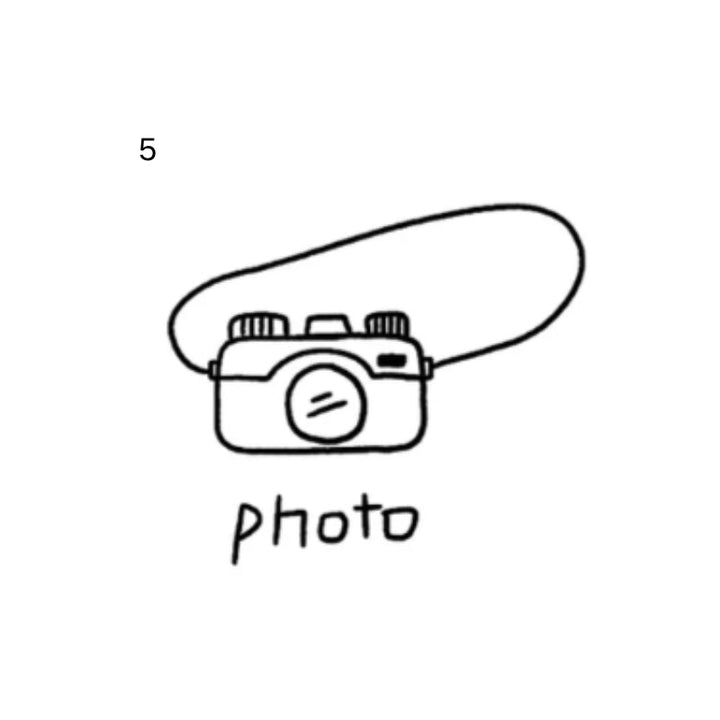 Photo Camera Doodle temporary tattoo with camera and the words “photo”