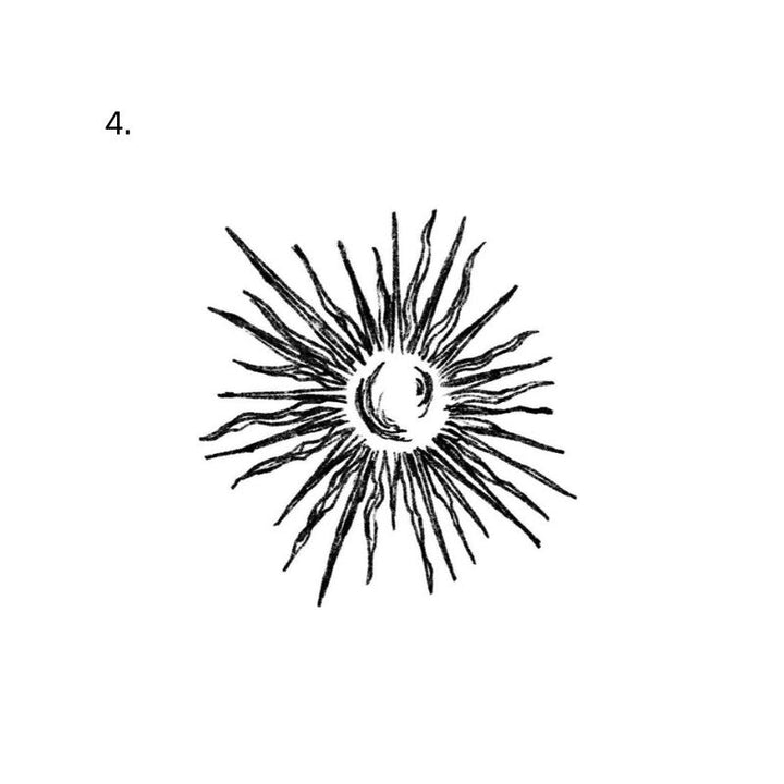 The artwork features a crescent-centered radiant sun.