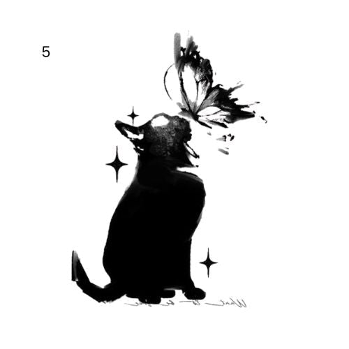 ink wash temporary tattoo featuring cat and bird