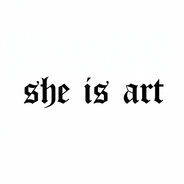 The artwork presents the visible text “she is art” as a lettering composition.