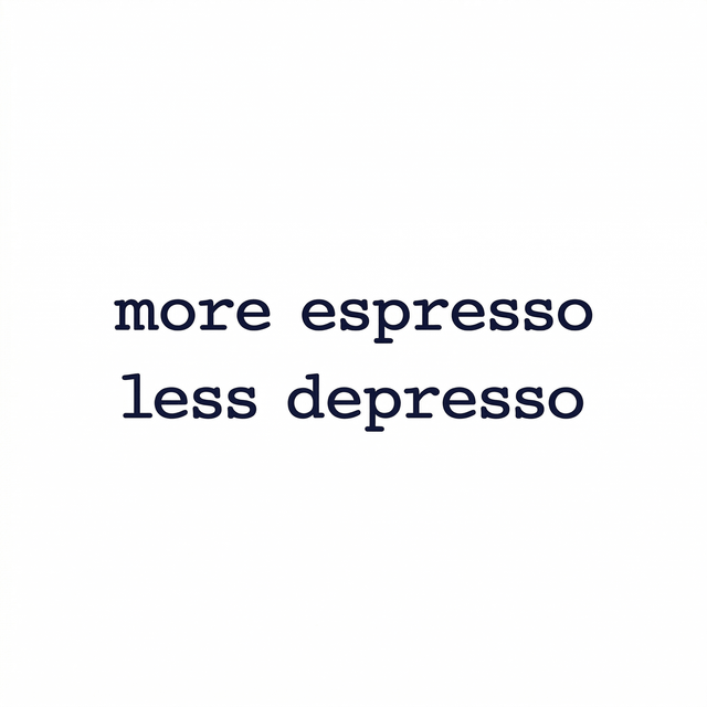 The artwork presents the visible text “more espresso / less depresso” as a lettering composition.