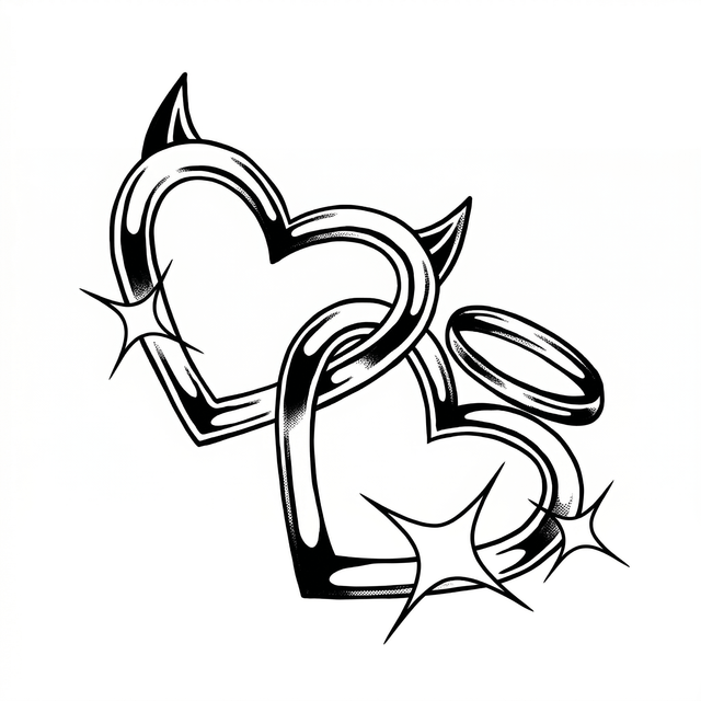 The artwork features devil and angel hearts.