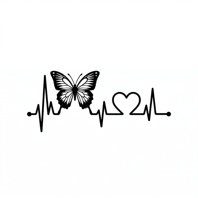 A butterfly rests on a bold ECG heartbeat line.