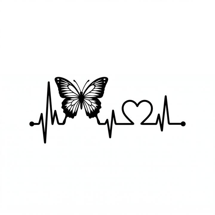 A butterfly rests on a bold ECG heartbeat line.