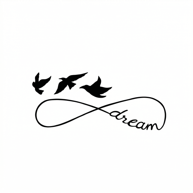 Three solid black flying birds appear above an infinity loop that incorporates the cursive word dream.