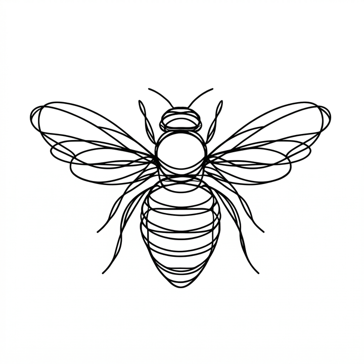 The artwork features a front-view fine-line bee.
