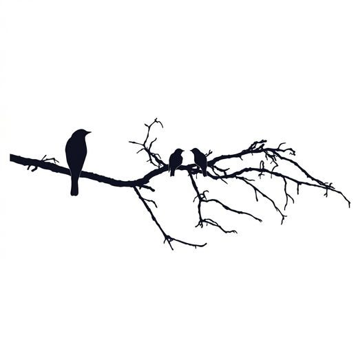 The artwork features three birds on bare branch.