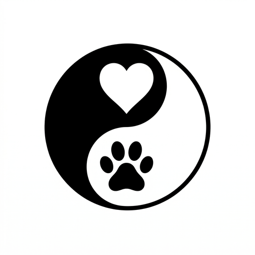 A yin-yang symbol places a white heart inside the black upper half and a black animal paw print inside the white lower half.