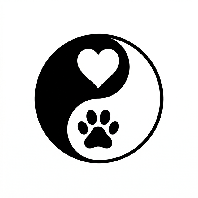 A yin-yang symbol places a white heart inside the black upper half and a black animal paw print inside the white lower half.