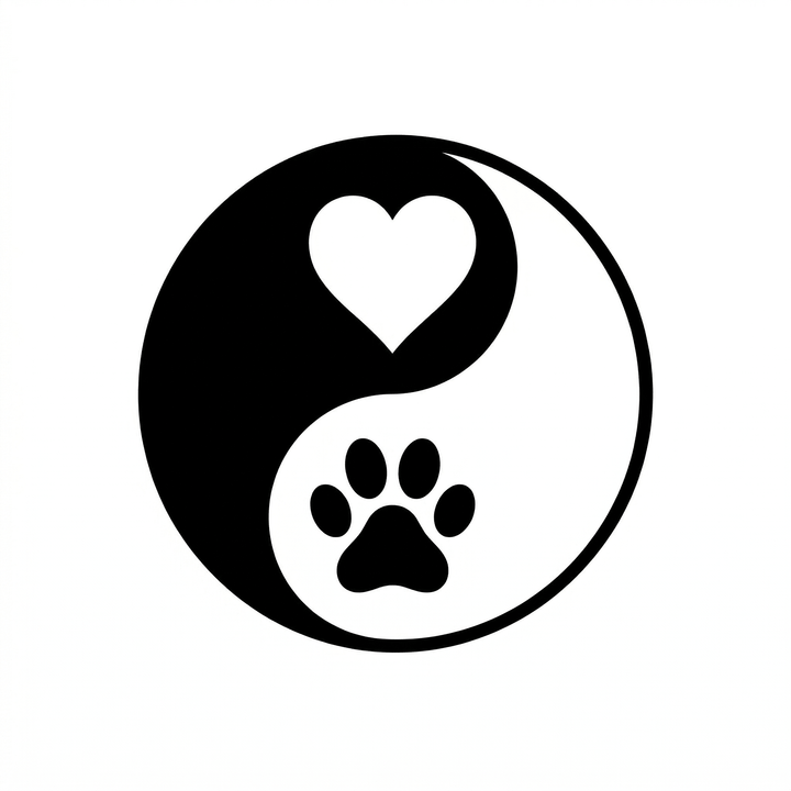 A yin-yang symbol places a white heart inside the black upper half and a black animal paw print inside the white lower half.