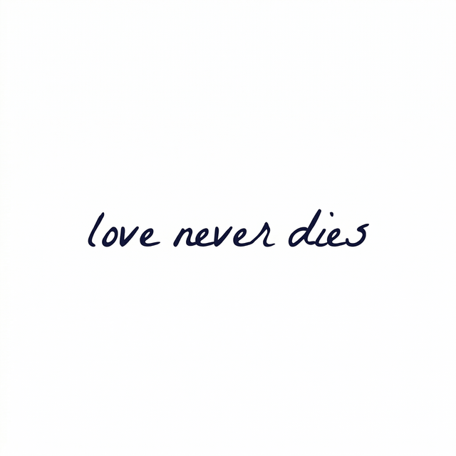 The artwork presents the visible text “love never dies” as a lettering composition.