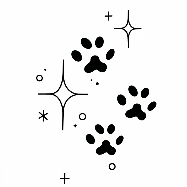 The artwork features three paw prints with sparkles.