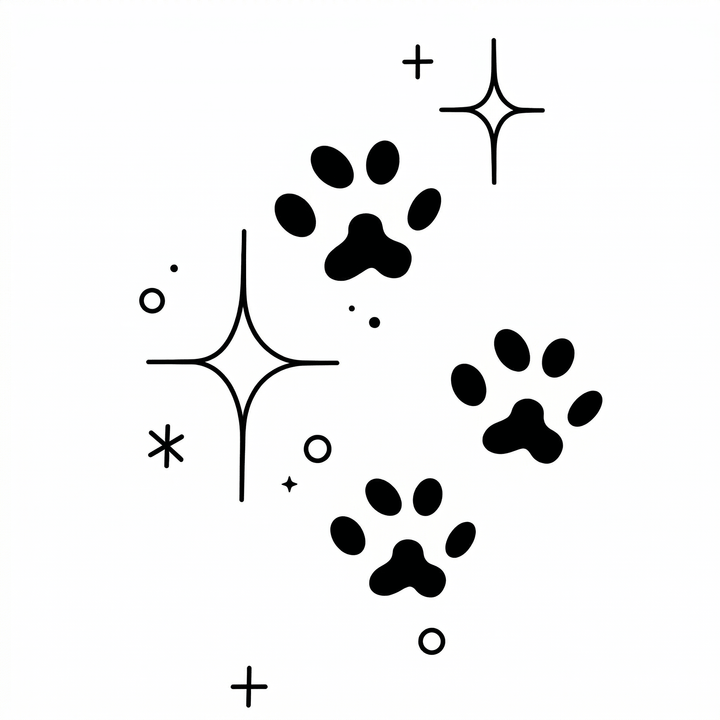 The artwork features three paw prints with sparkles.
