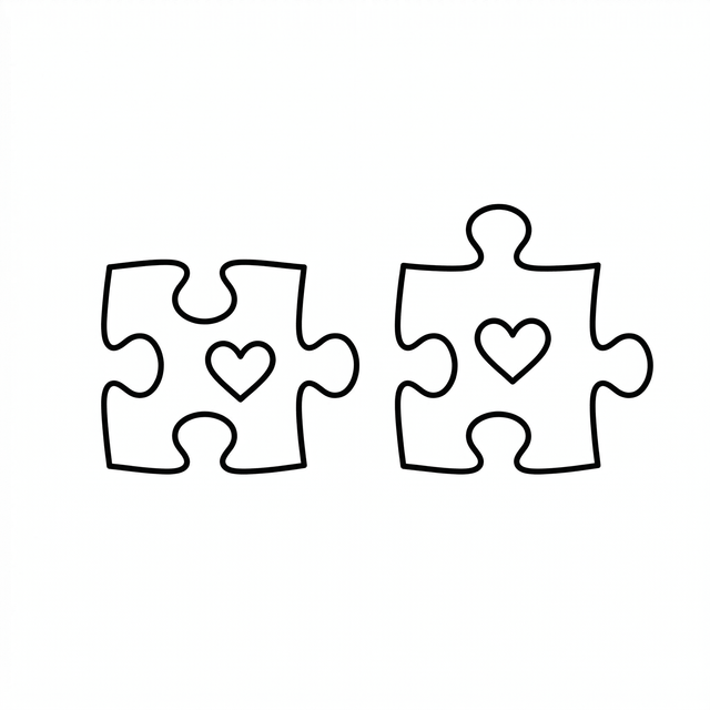 The artwork features interlocking heart puzzle pieces.