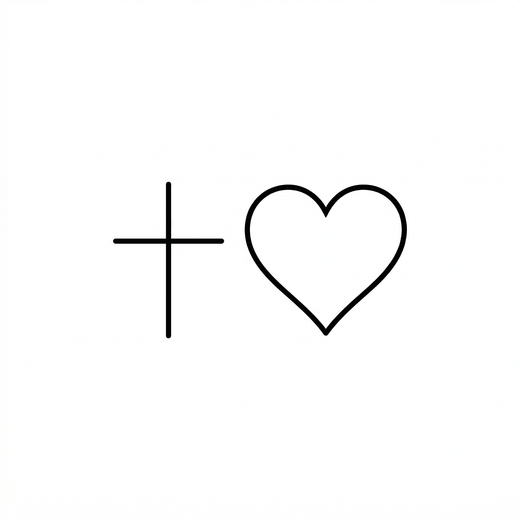 The artwork features a minimal cross and heart.