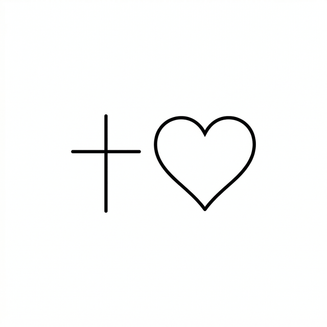 The artwork features a minimal cross and heart.