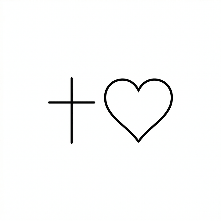 The artwork features a minimal cross and heart.