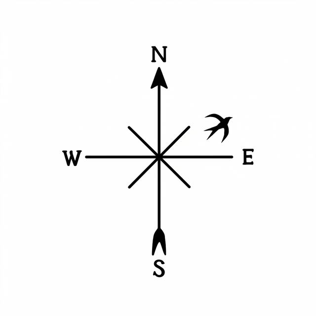 A minimalist compass rose labeled N, E, S and W is paired with a flying swallow on the right.