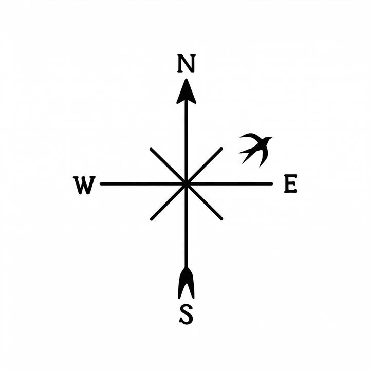 A minimalist compass rose labeled N, E, S and W is paired with a flying swallow on the right.